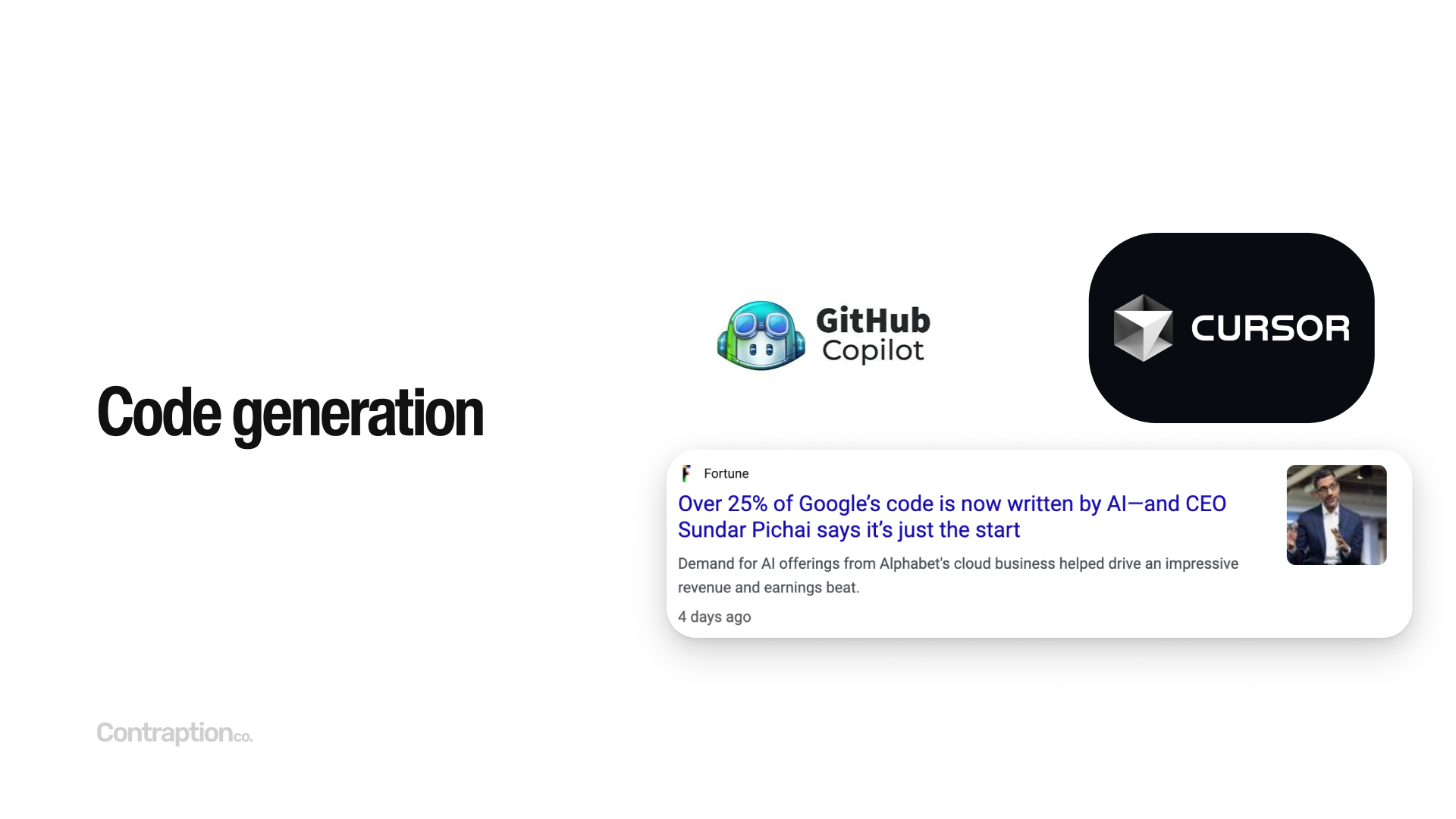 Code generation: Github Copilot and Cursor are leading tools, and Google says that 25% of its code is now written by AI.