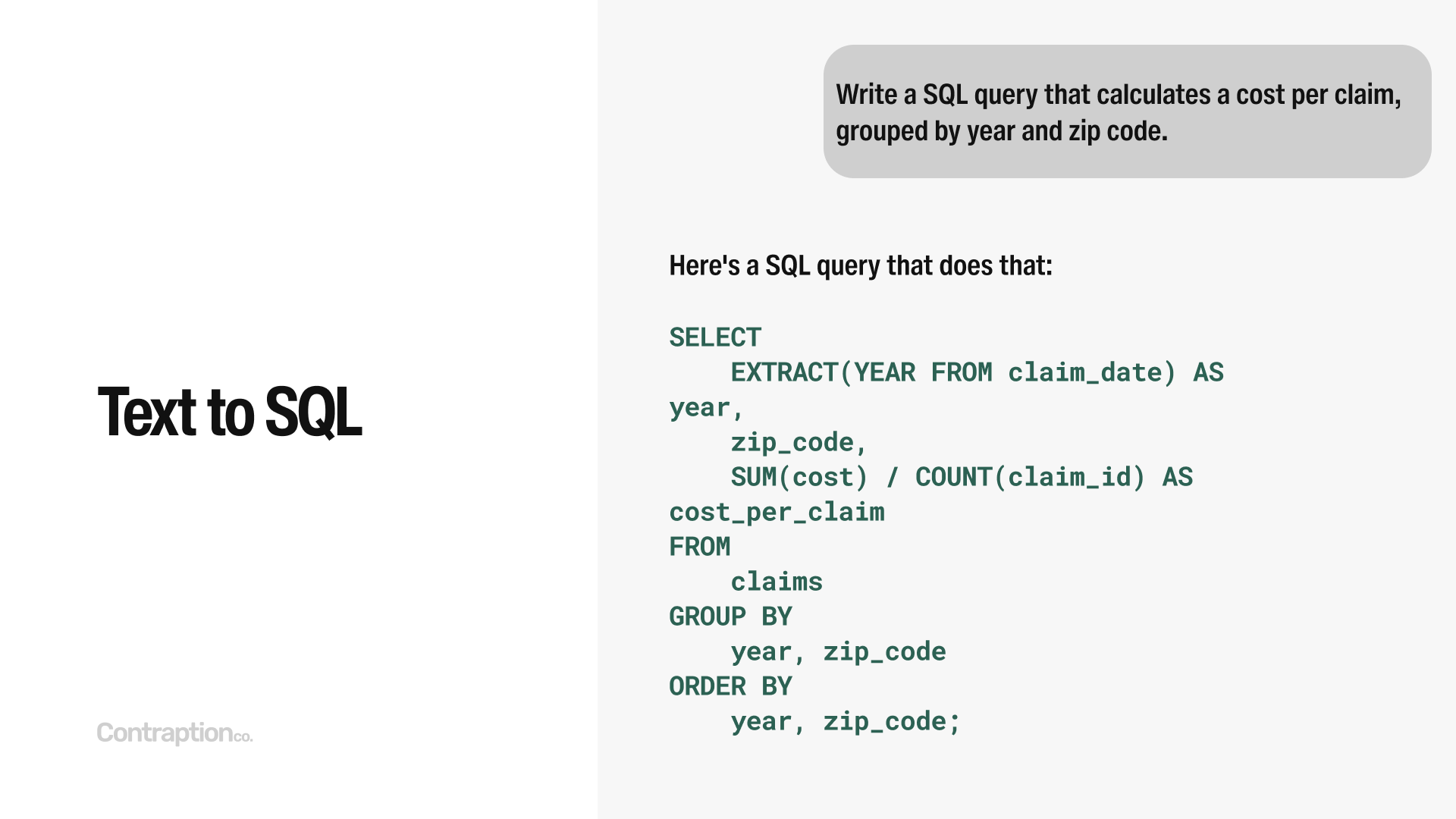 Text to SQL: "Write a SQL query that calculates a cost per claim, grouped by year and zip code"