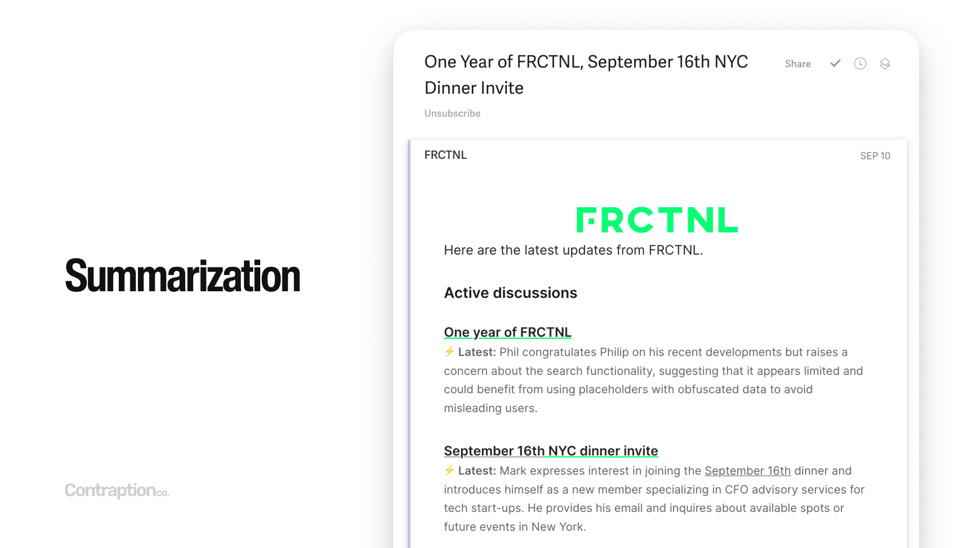 Summarization example: An email newsletter generated by code.