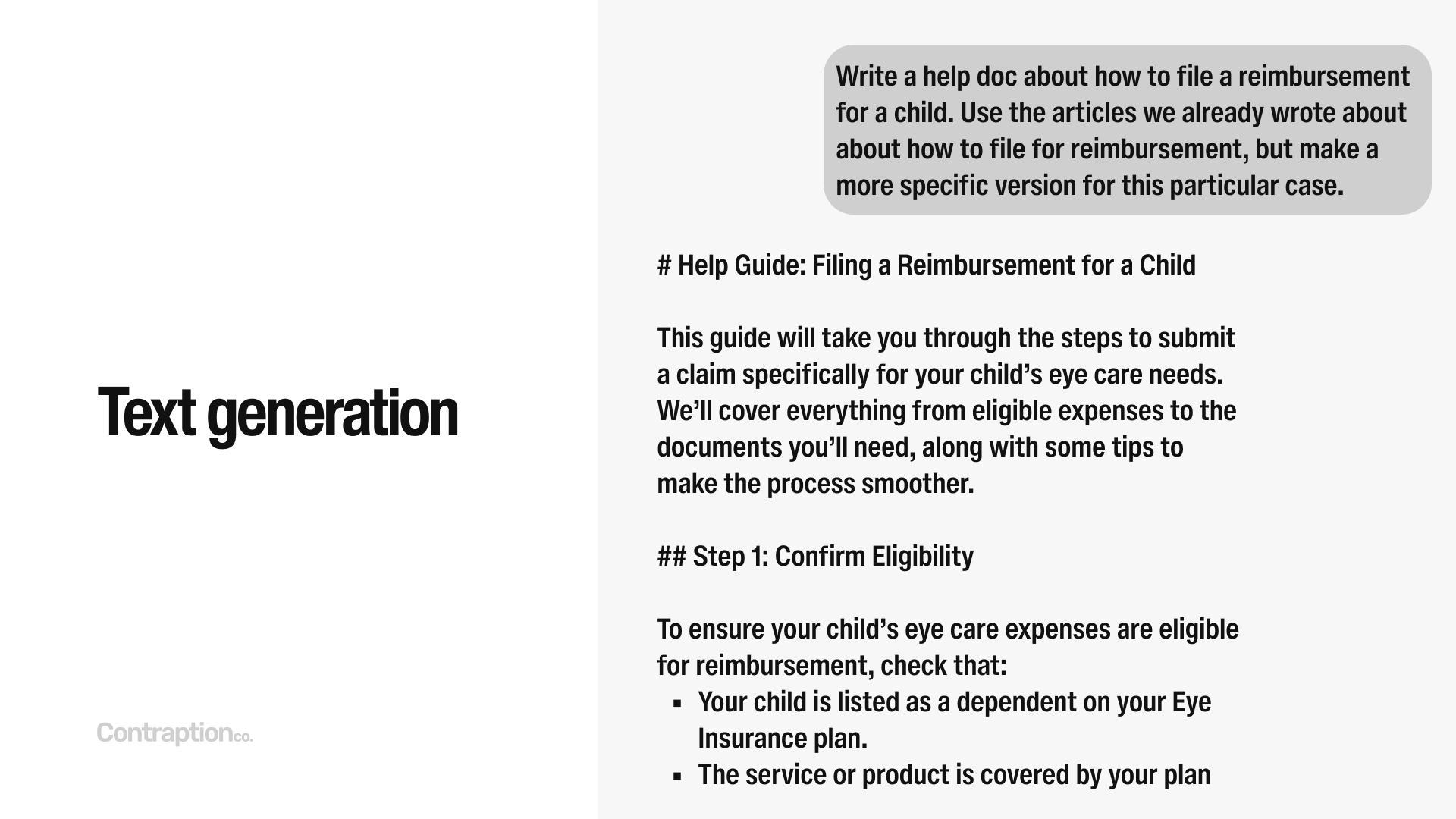 Text generation: "Write a help doc about how to file a reimbursement for a child. Use the articles we already wrote about how to file for a reimbursement, but make a more specific version for this particular use case."