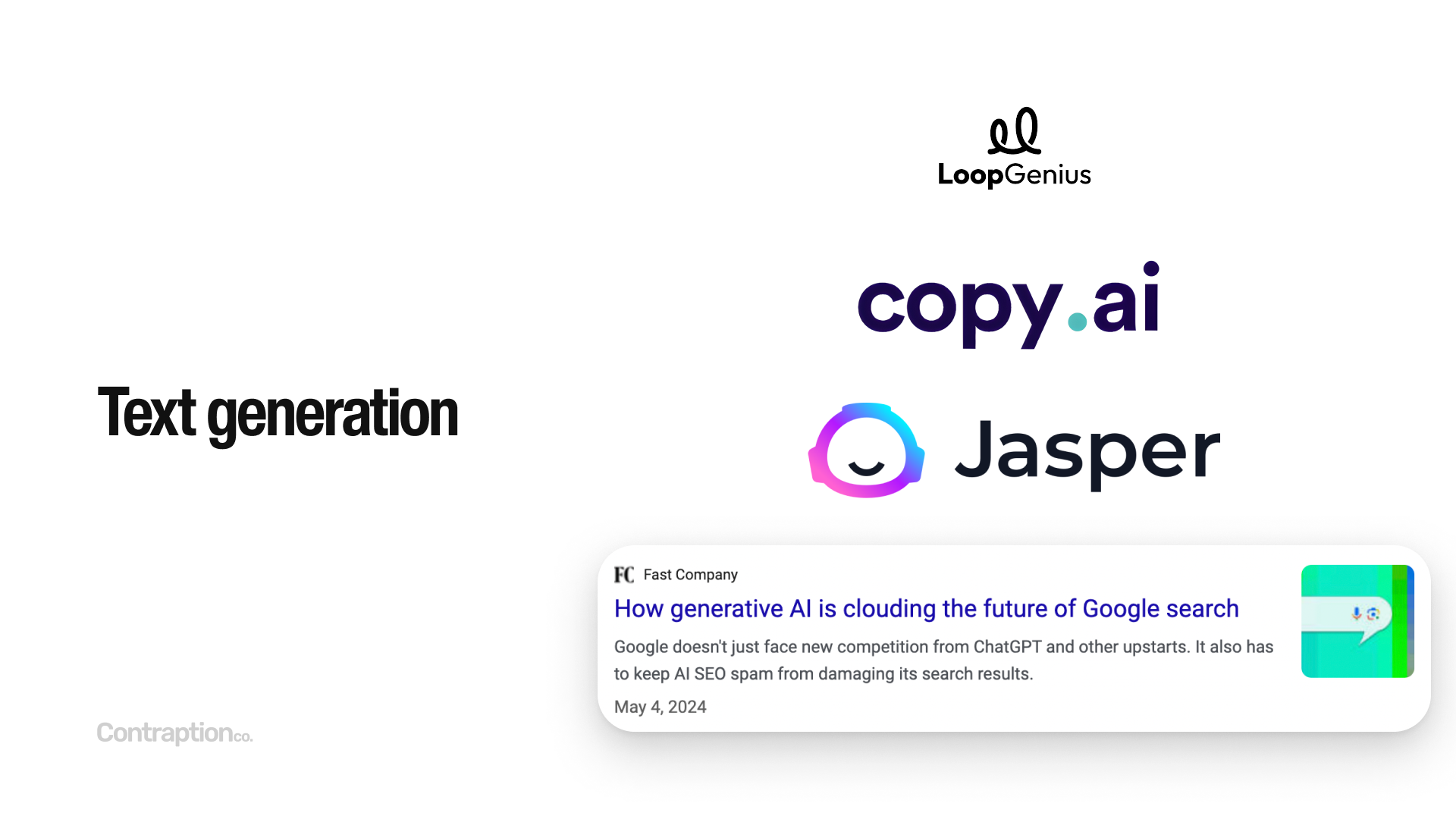 Text generation: Loop Genius, Copy.ai and Jasper are leading products in this space - but Google is becoming crowded by AI content.