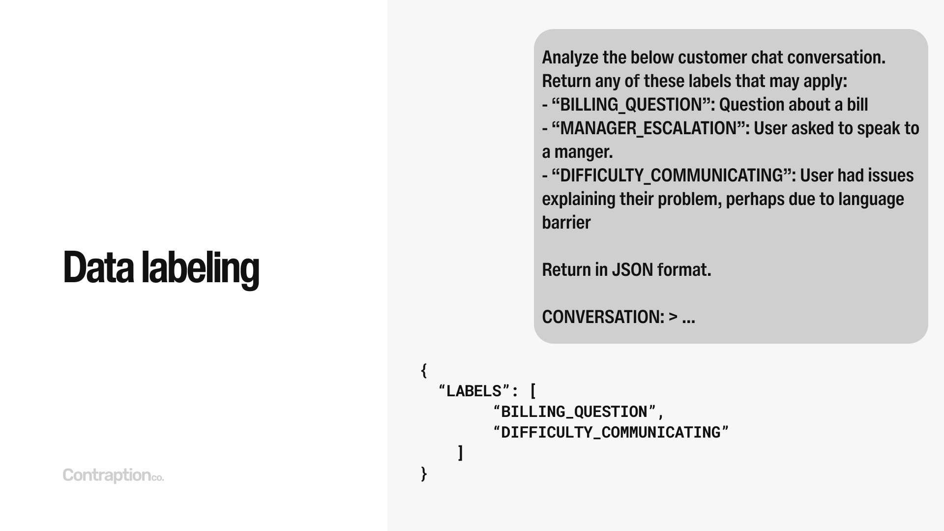 Data labeling: "Analyze the below customer chat conversation, and apply any labels that apply from list"