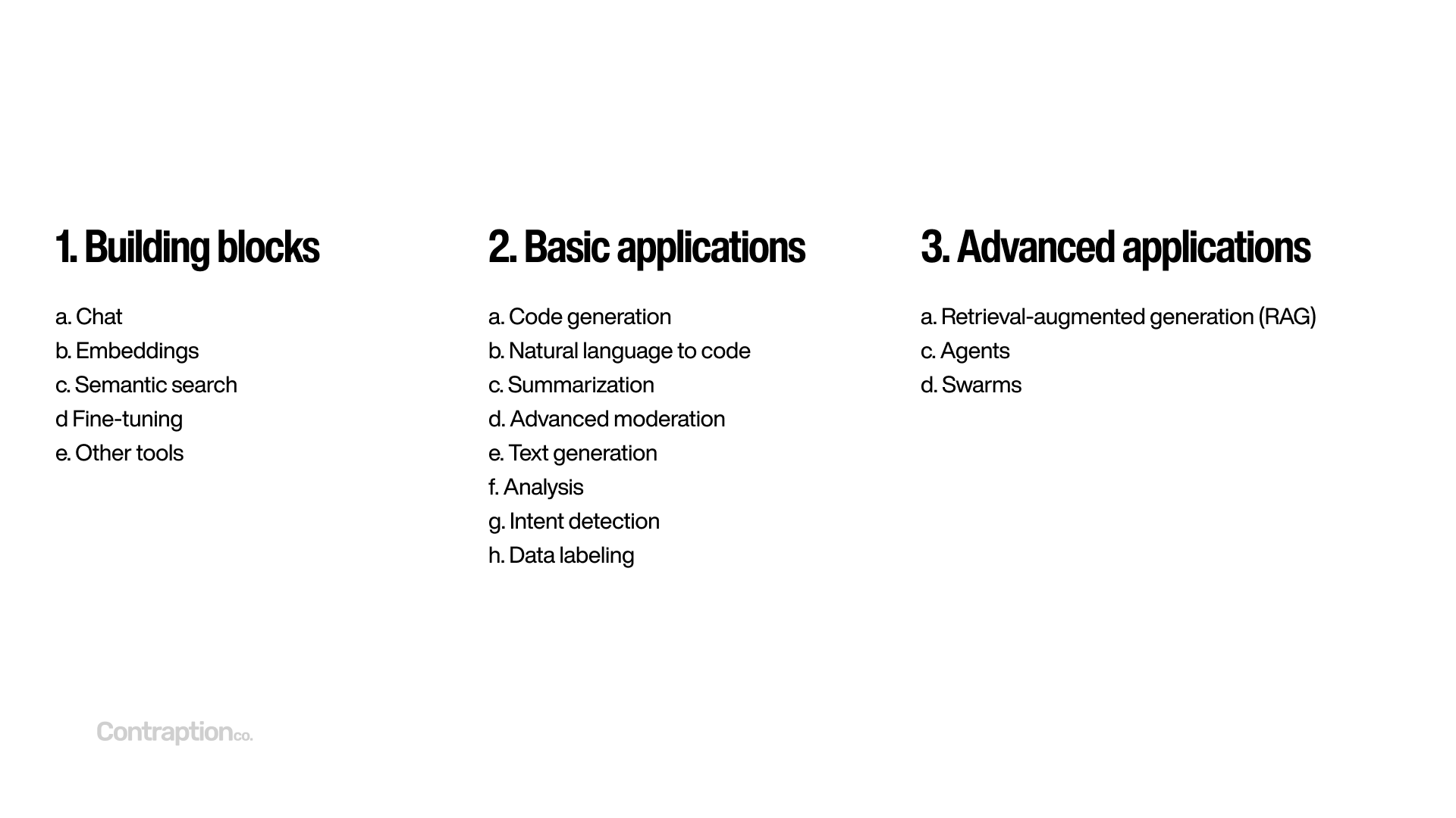 1. Building blocks, 2. Basic applications, 3. Advanced applications