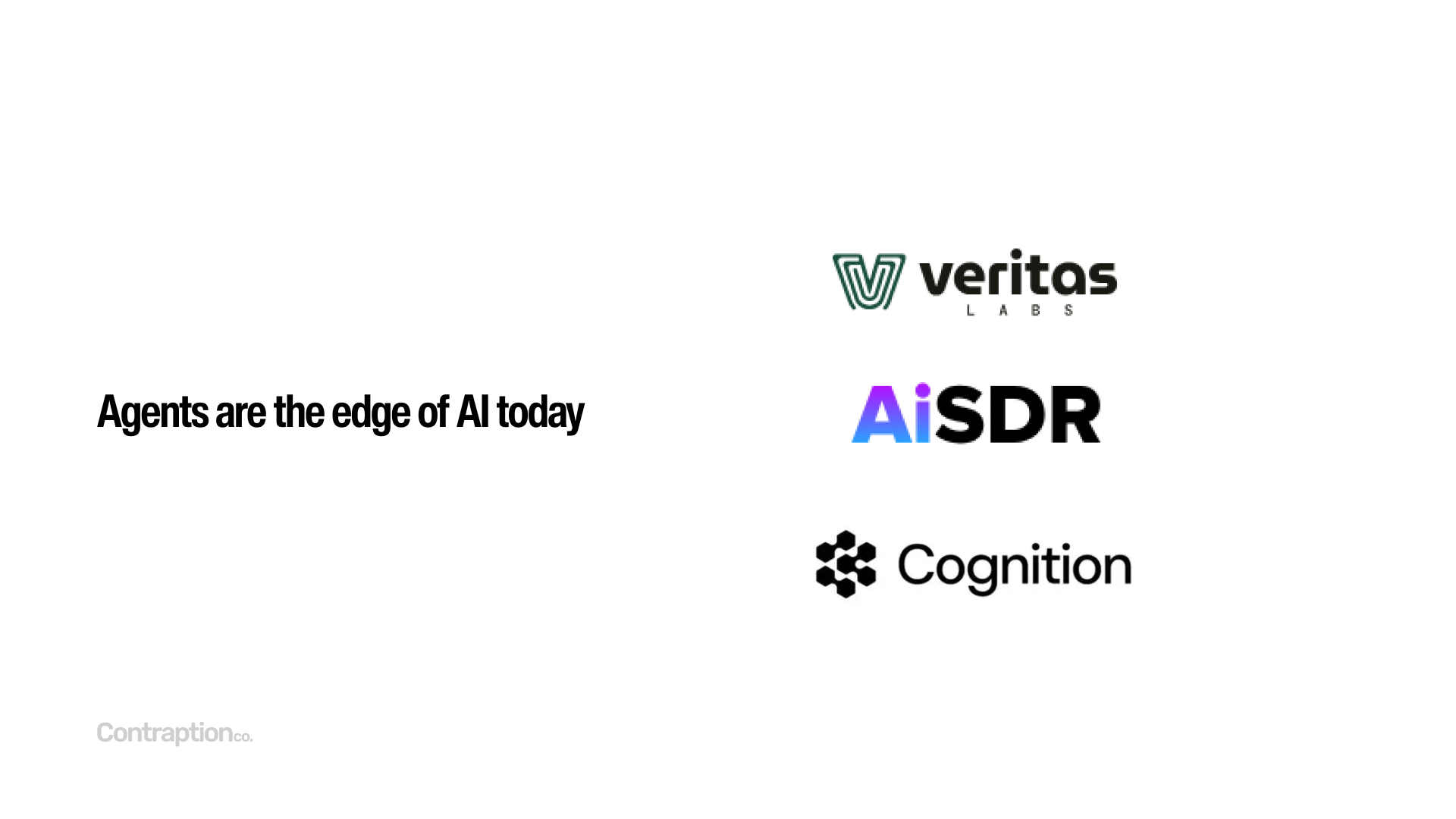 Agents are the edge of AI today, with companies like Veritas Labs, AiSDR, and Cognition leading the space.